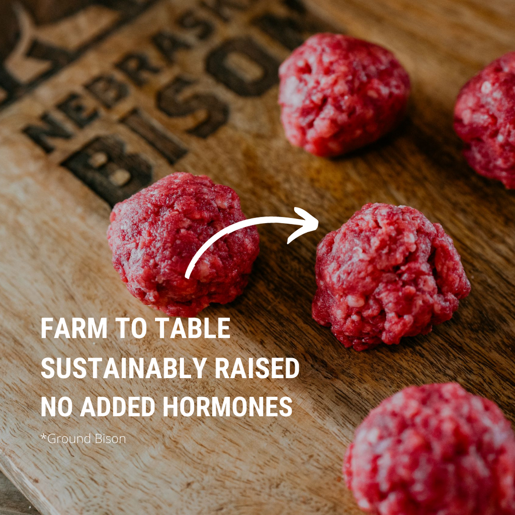 Ground Bison Meatballs, raw on cutting board. Text reads: Farm to table, sustainably raised, no added hormones.