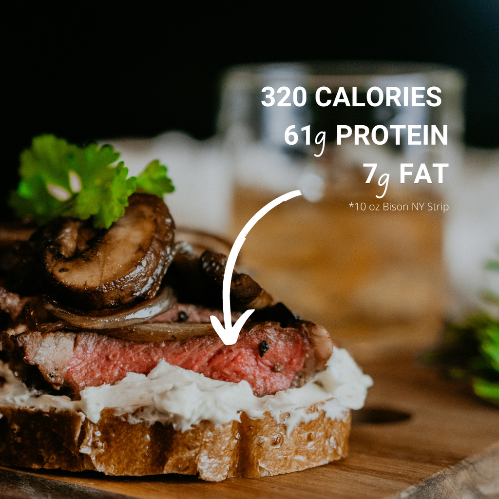 Steak sandwich, text reads: 320 calories, 61g protein, 7g fat *10 oz Bison NY Strip.