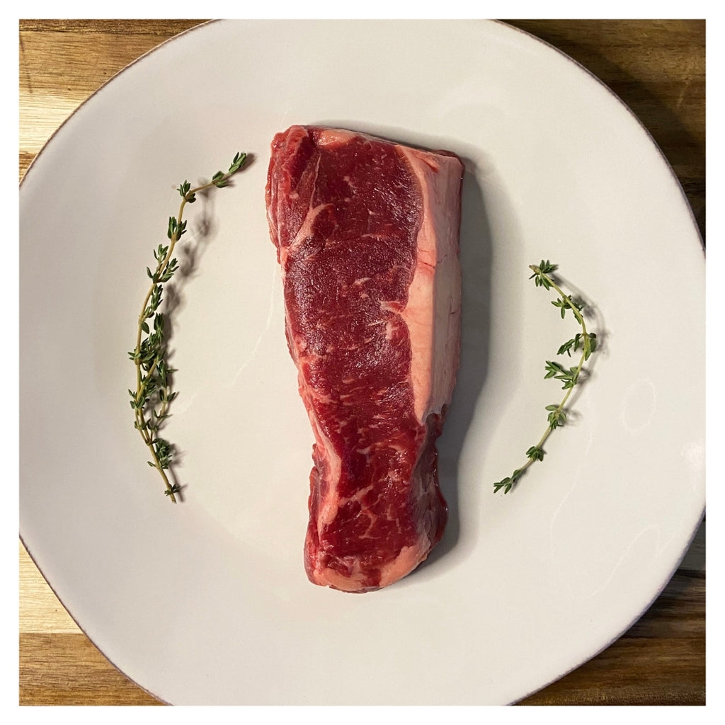 Raw Bison NY Strip on white plate with thyme.