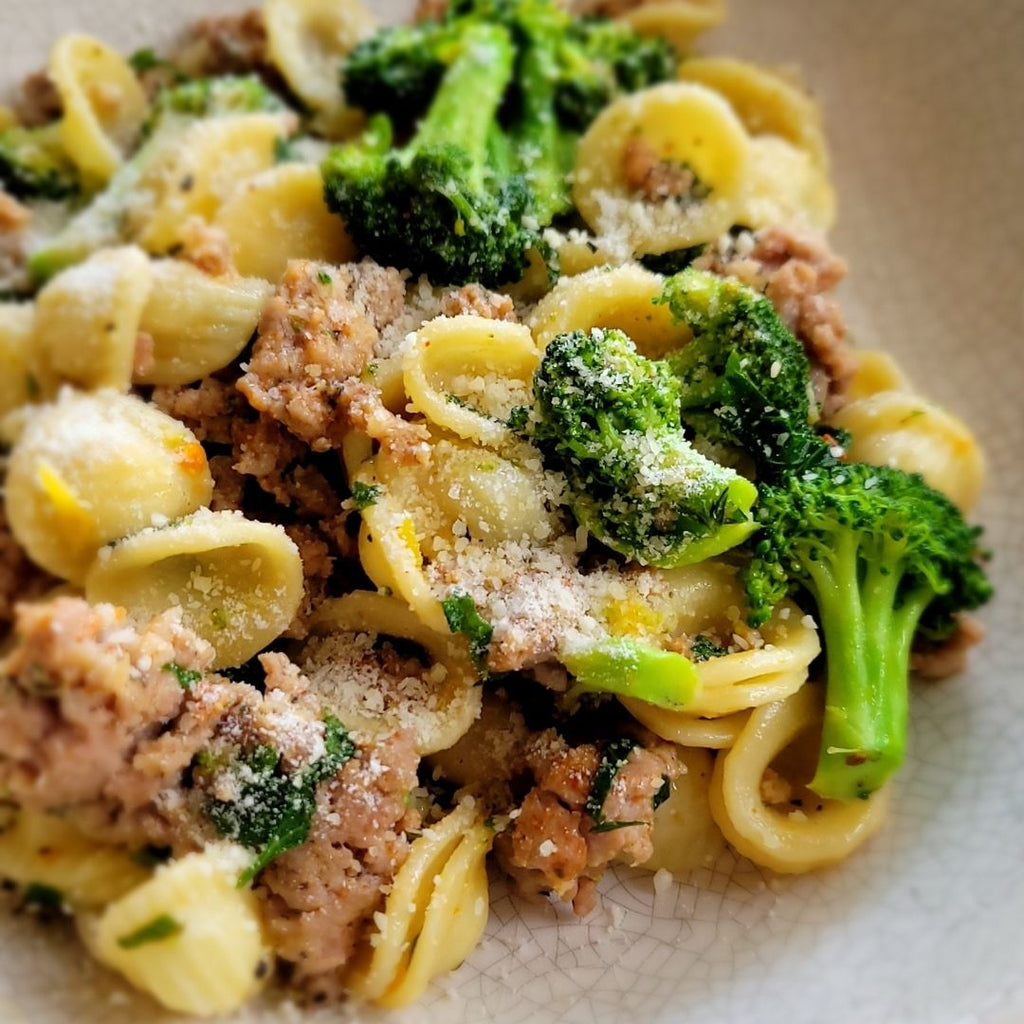 orecchiette pasta with broccoli and bison.