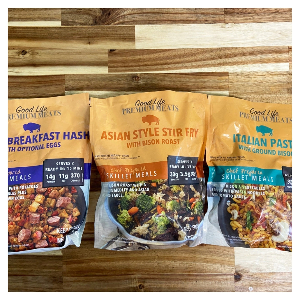 3 bags of Bison Skillet Meals lying on a counter top.