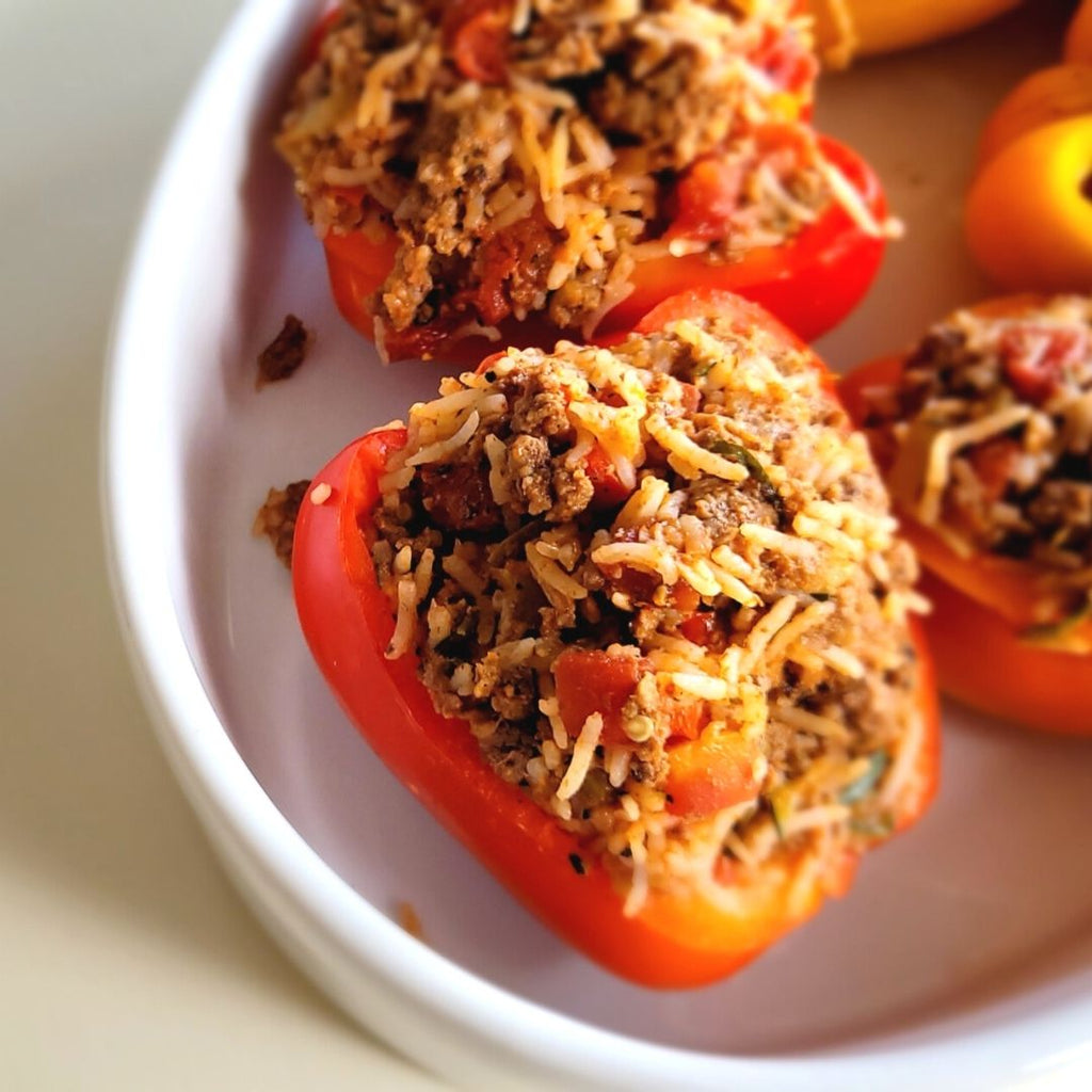 Close up of Bison Stuffed Pepper in white dish.