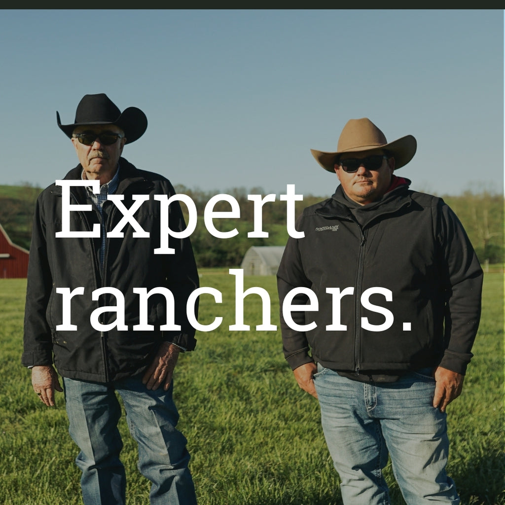 Two male ranchers standing in a field of green grass with blue sky. Text reads: Expert ranchers.
