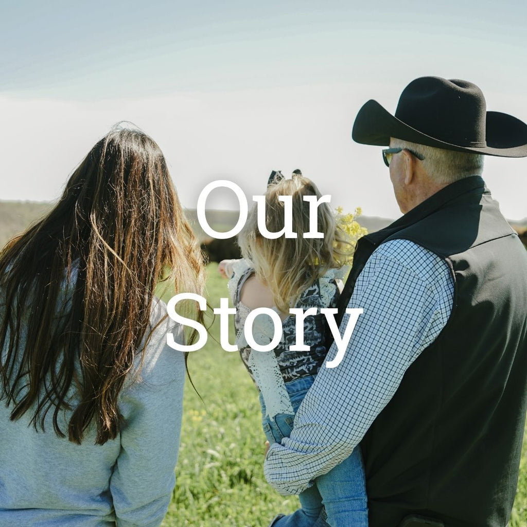 3 generations standing in bison field, with text "Our Story".