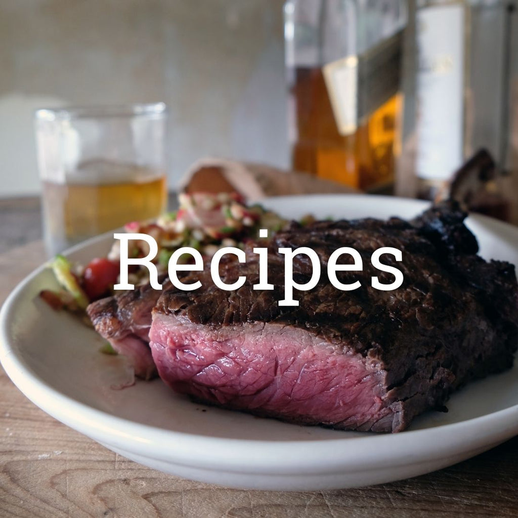Image of cooked steak with text "Recipes".